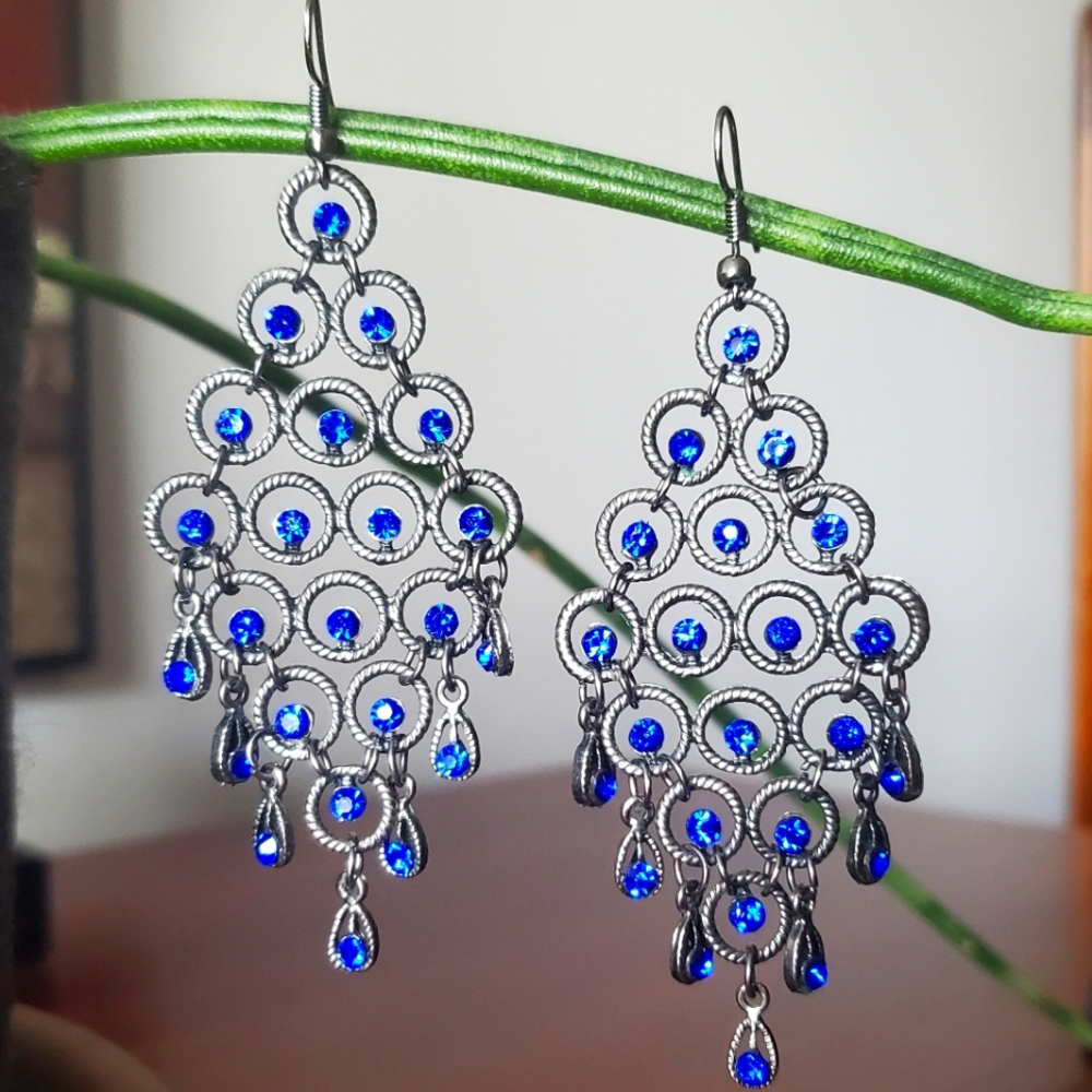 Chandelier Earrings, navy blue rhinestones.